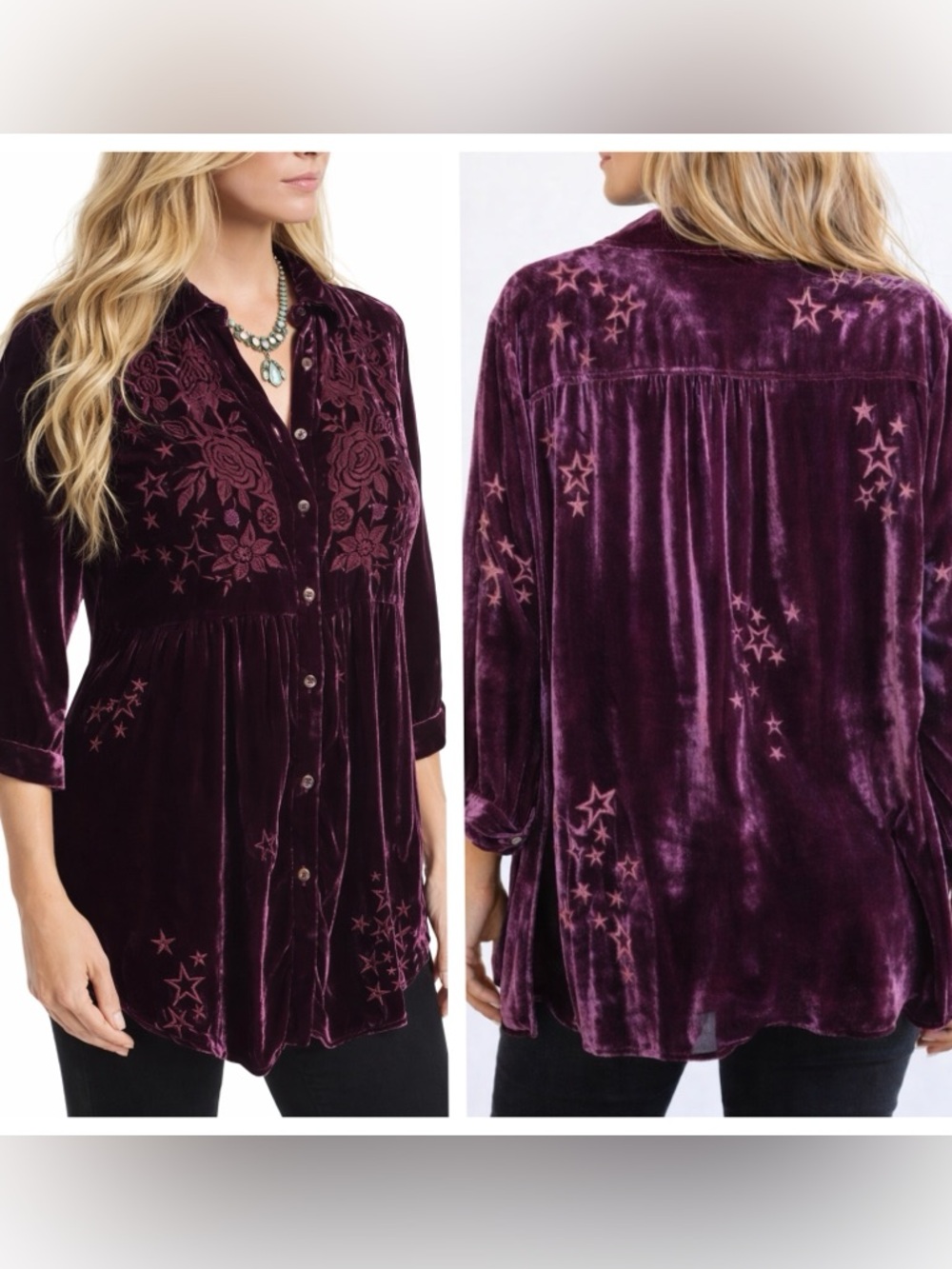 Johnny Was Roberta embroidered velvet smocked  tunic 
NWT